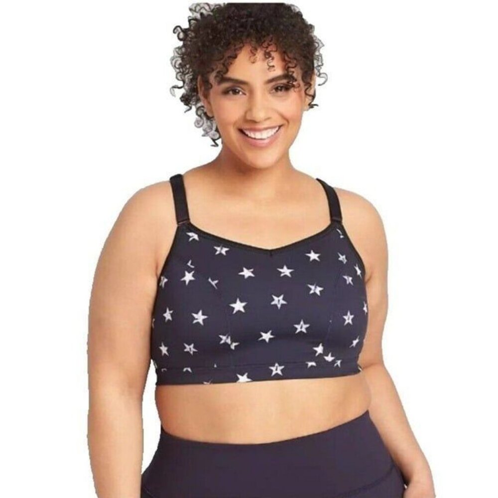 LIVI Wireless Wicking Low Impact Sport Bra Strappy Back Navy Blue Stars 26 28 4X